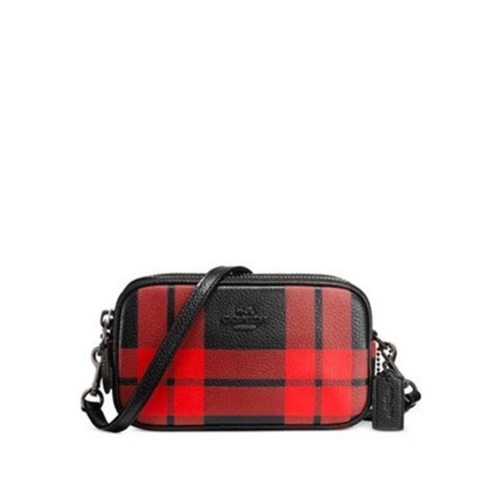 Coach Red Black Buffalo Plaid Pebble Leather Double Zip Crossbody Camera Bag